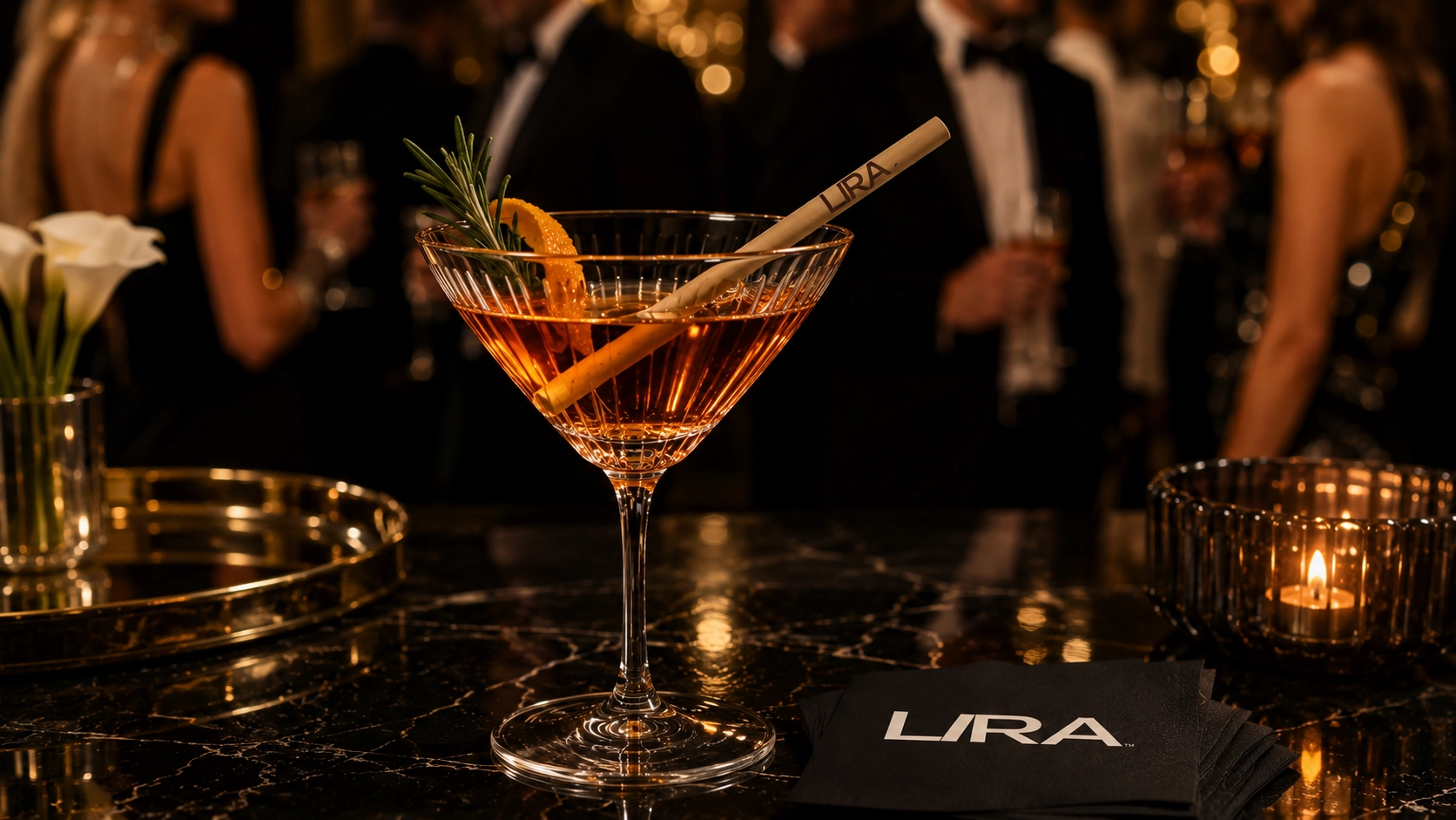 A premium drink with LIRA reed straw from the brand guideline