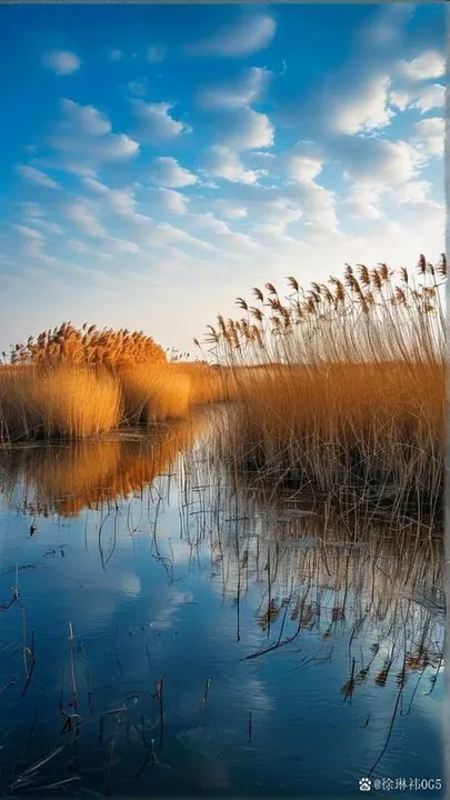 Golden reeds and blue sky reflected in still water